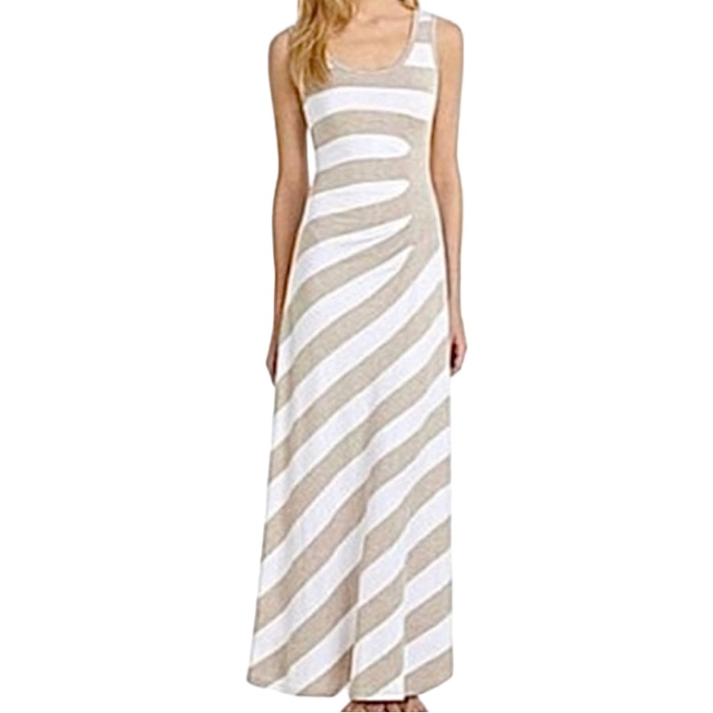 Calvin Klein White and Beige Striped Maxi Dress